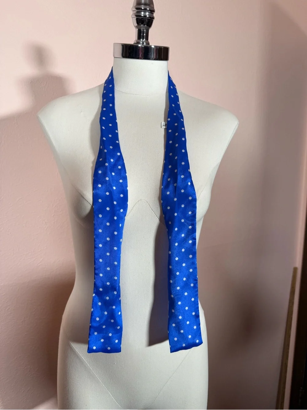Vintage specialty House Royal blue white polka dot Silk bow neck scarf Twilly